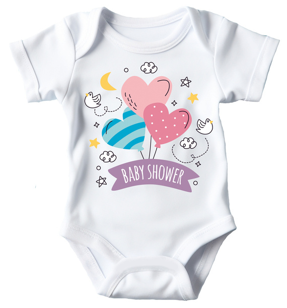 SKU A001 "BABY SHOWER – prezent z okazji narodzin dziecka" Body krótki rękaw Moocha biały 