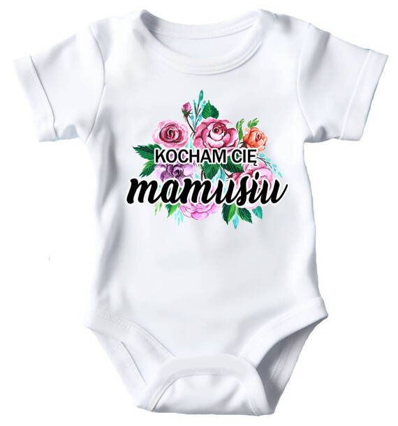 SKU A043 "Kocham Cię mamusiu" Body krótki rękaw z kwiatami Moocha biały