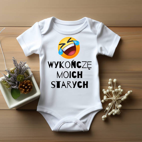 SKU A055 "Wykończę moich starych" Body krótki rękaw Moocha biały