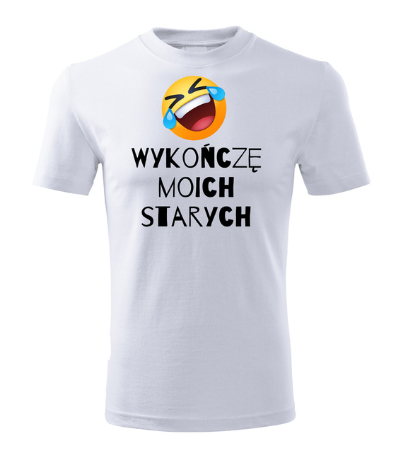 SKU A055k "Wykończę moich starych" Koszulka dziecięca krótki rękaw Moocha biały 