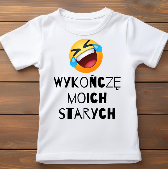 SKU A055k "Wykończę moich starych" Koszulka dziecięca krótki rękaw Moocha biały 