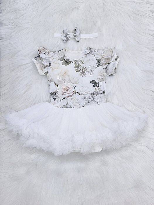 White Roses body-sukienka krótki rękaw Bambarillo