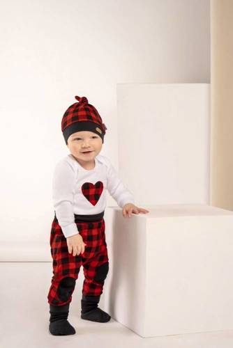 163501 Komplet czapka, apaszka, body i spodnie "Magia Świąt" Nicol - kratka: czarny, czerwony, biały