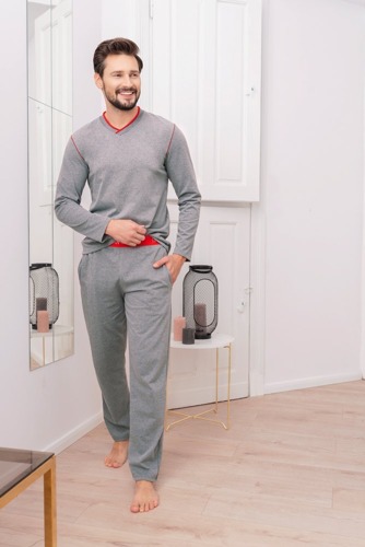 Brend Piżama męska długi rękaw, spodnie Italian Fashion - szary melanż