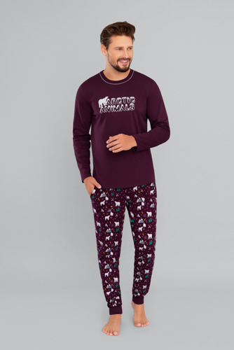 Manfred Piżama Męska długi rękaw, spodnie Italian Fashion- burgund/druk burgund 