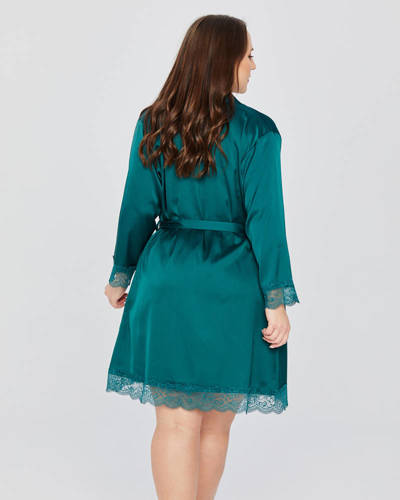 Szlafrok satynowy z koronką plus size Spaio dark green 